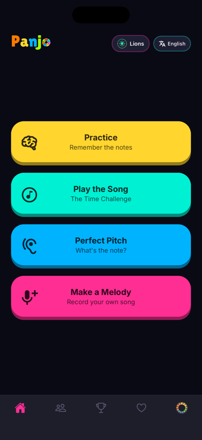 Panjo home screen with four game modes