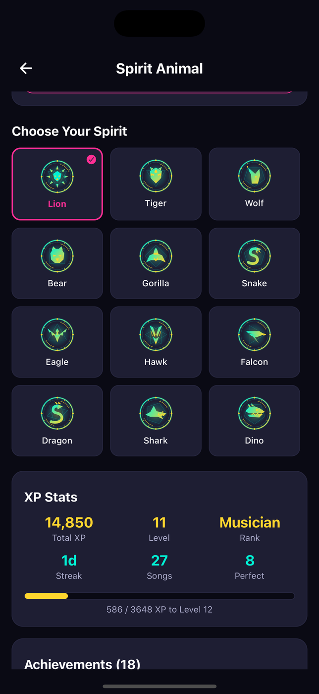 Choosing a spirit animal, with XP stats and level