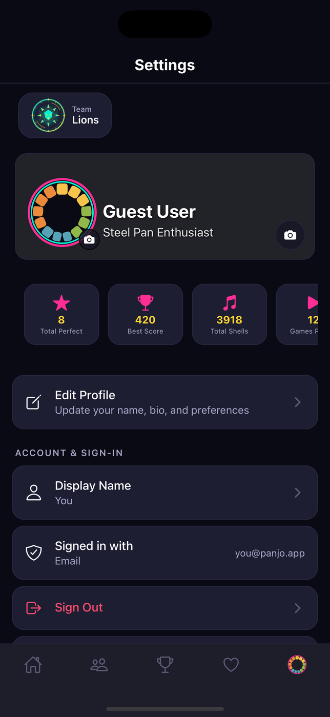 Profile and settings with shells, best score and games played