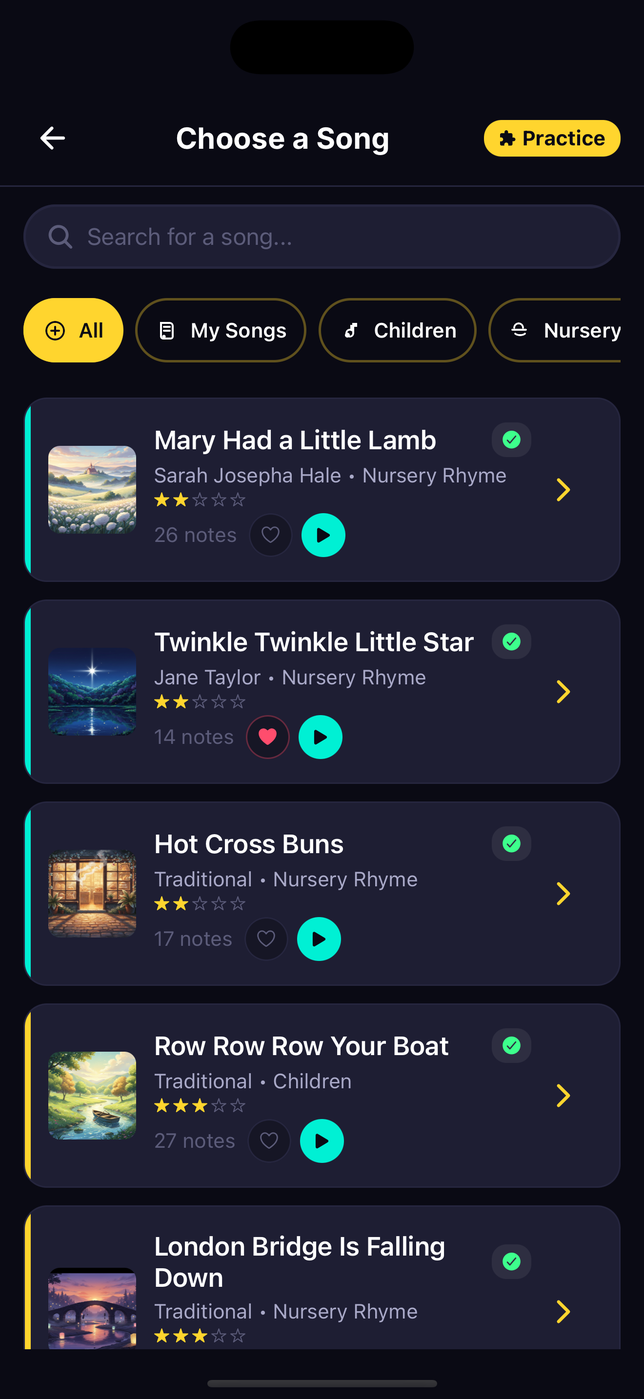The song library with illustrated artwork for each song