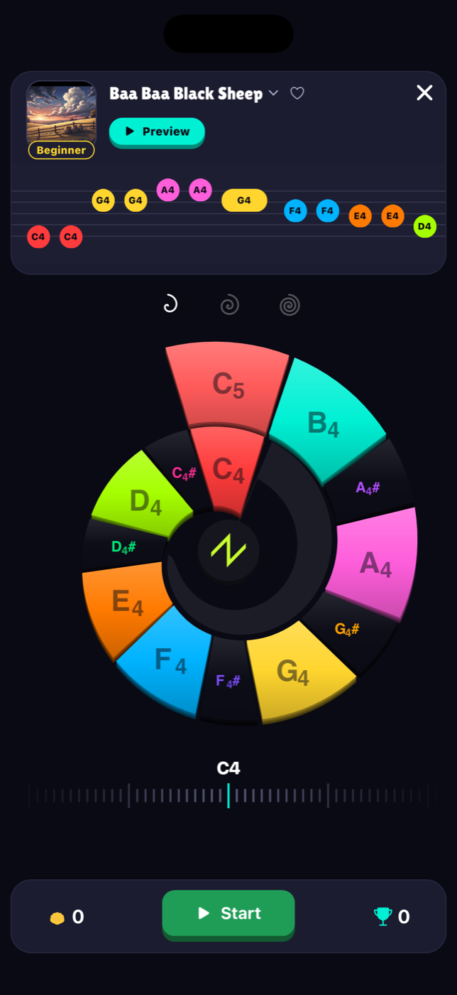 The Panjo spiral steel pan mid-game, each note a coloured segment