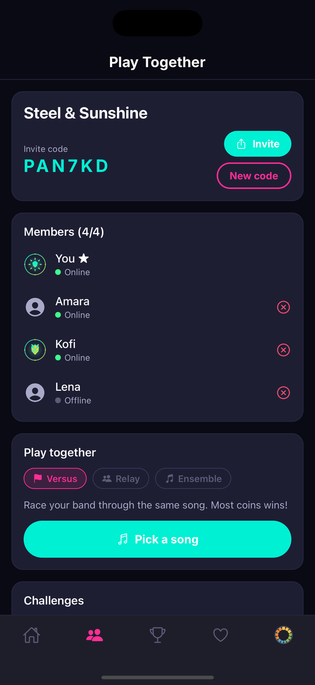 A Panjo band with four members, showing who is online and the invite code